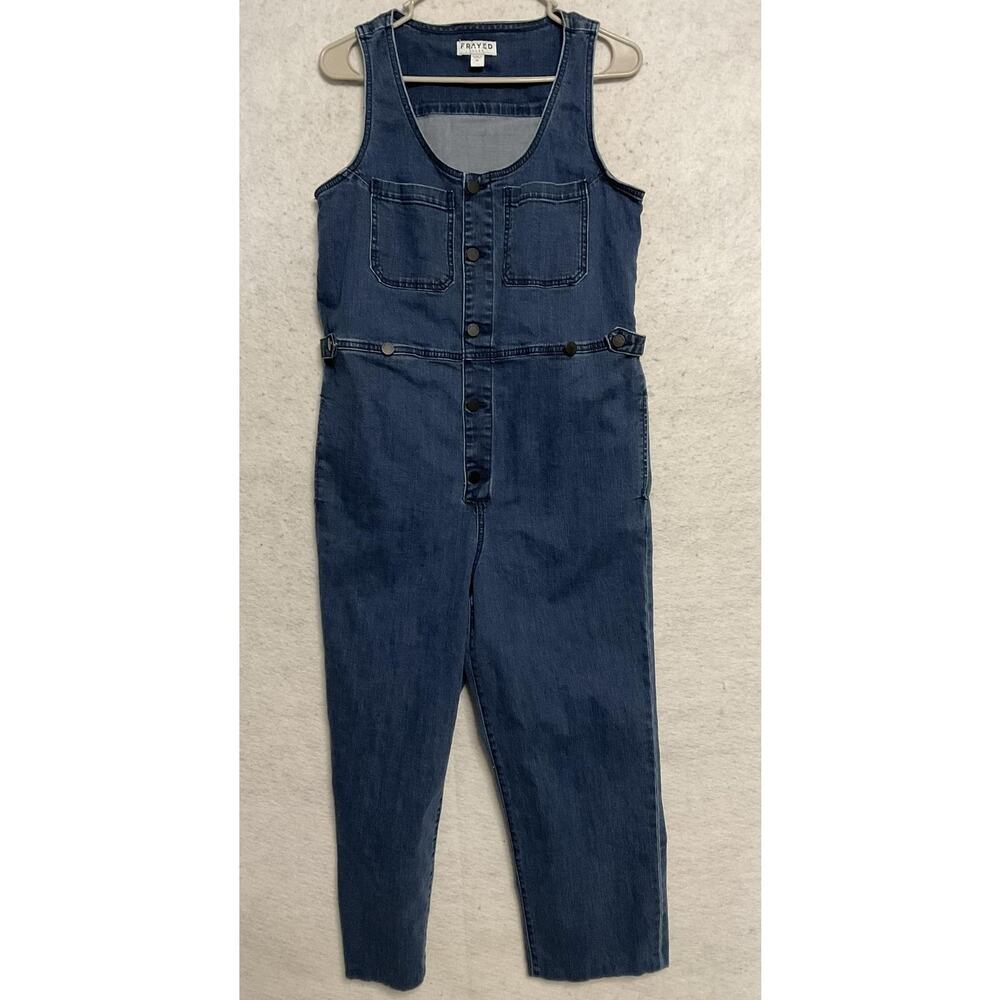 Frayed Jeans Jumpsuit Womens Medium Blue Denim Sleeveless Snap Front Baggy‎